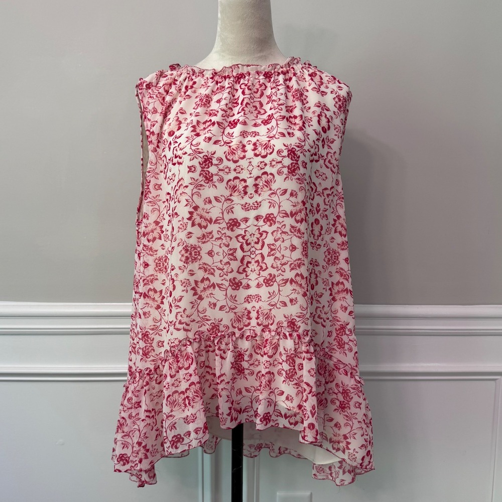 Sophie Max Floral Cottagecore Toile Ruffle Neck Sleeveless Blouse Top XL